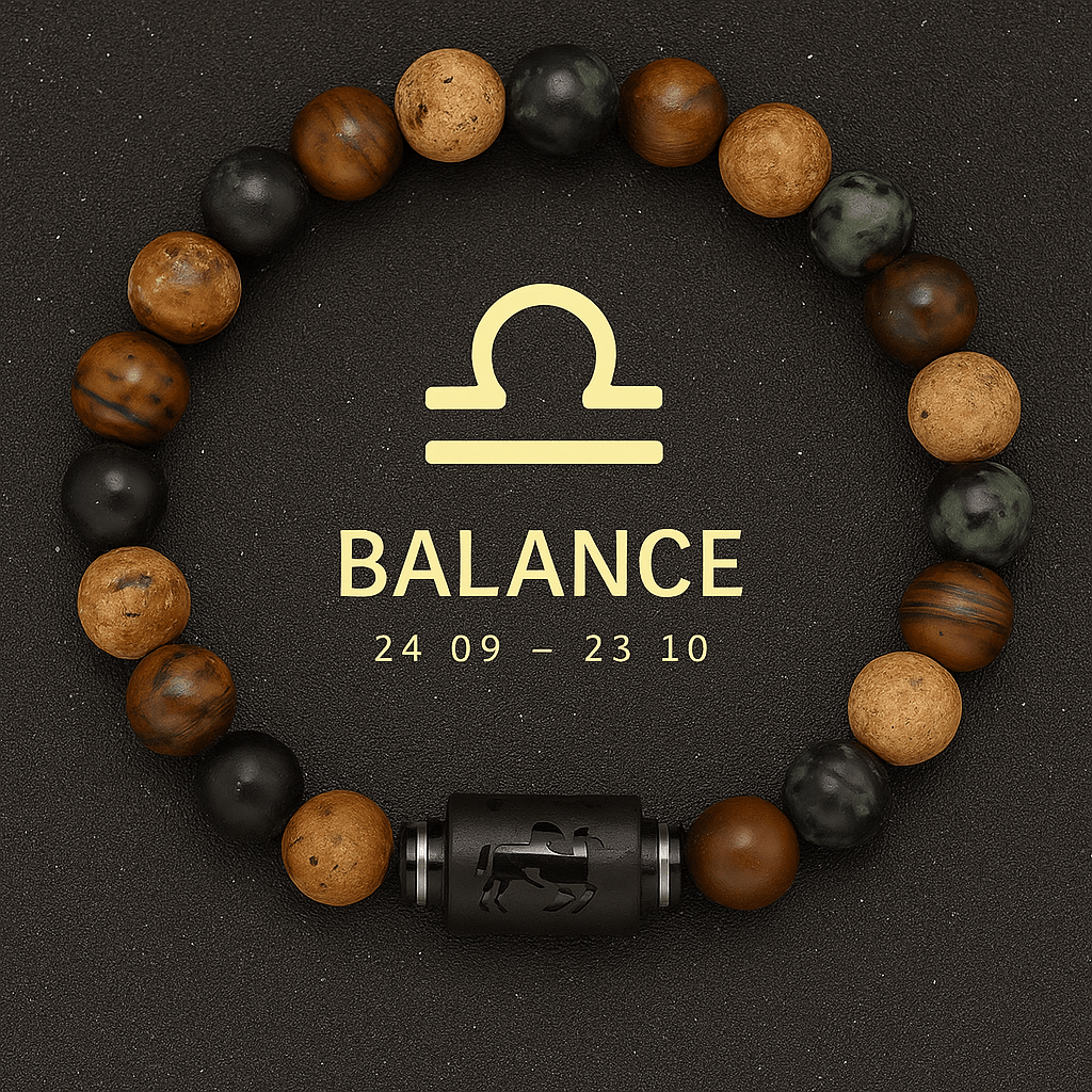 bracelet signe astrologique de la Balance, signe du zodiaque balance doré avec figure astro en noir brillant