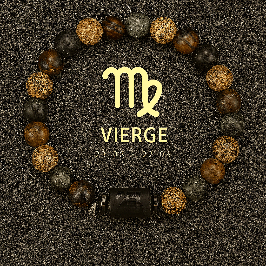 bracelet signe astrologique de la Vierge, signe du zodiaque vierge doré avec figure astro en noir brillant