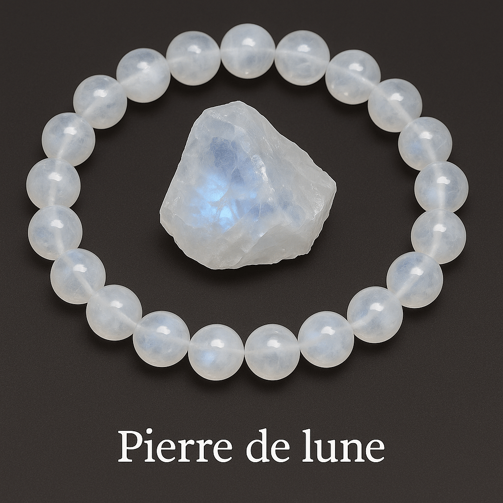 Pierre de lune – bracelet en pierre naturelle - avec une pierre brute au milieu, un reflet bleutée rappelant la lune