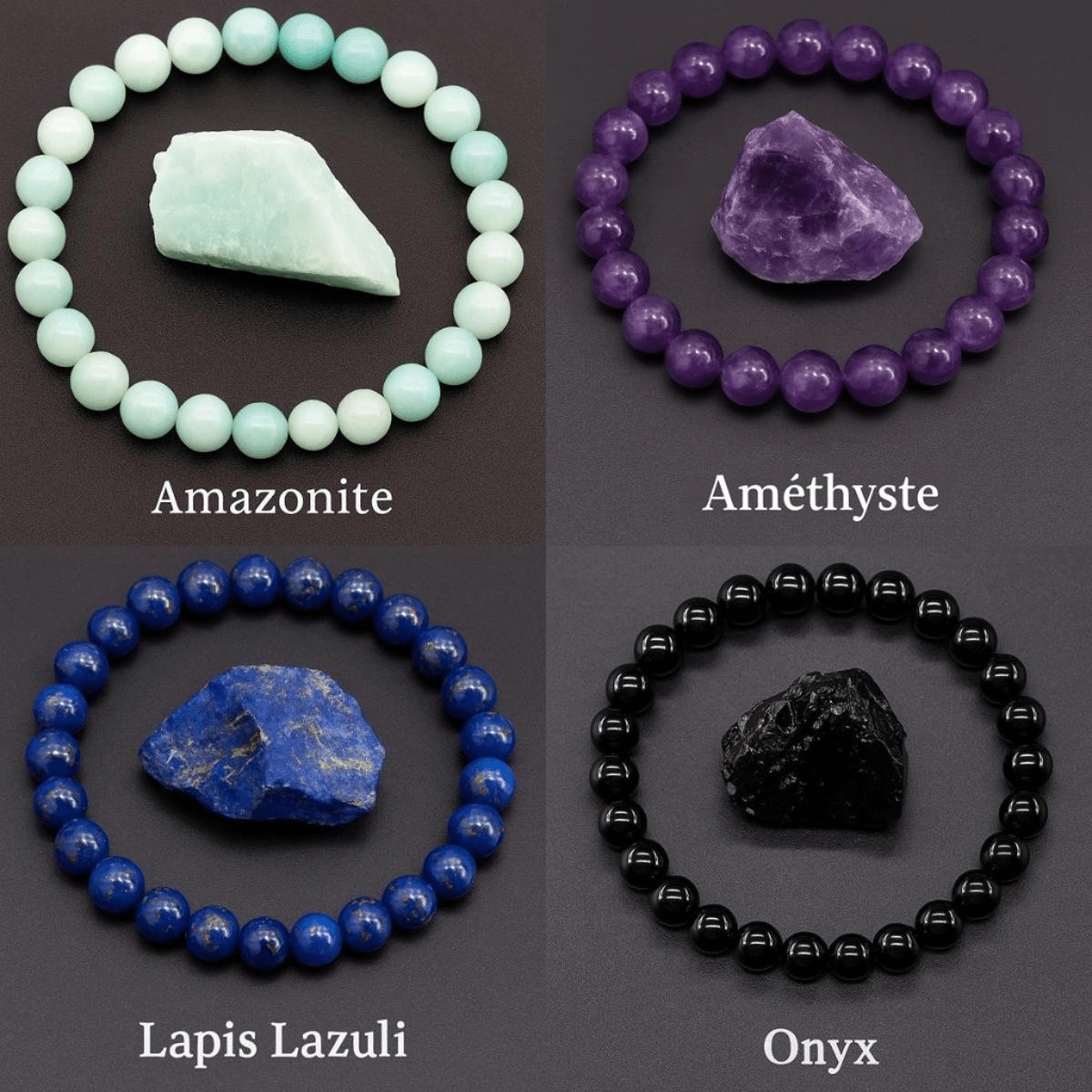 Présentation de plueisuers bracelets en pierre naturelle. respect des bienfaits de la lithotérapie