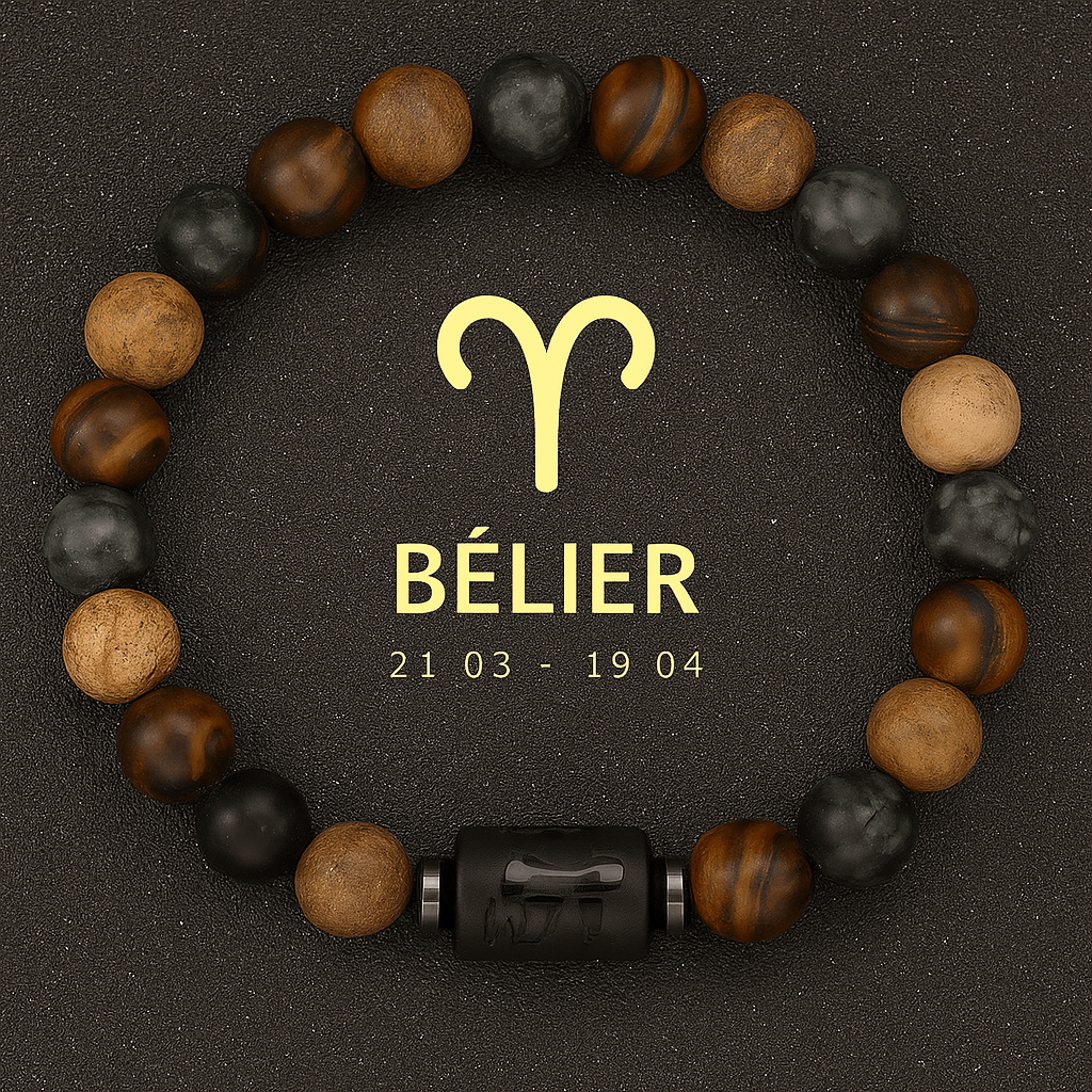 bracelet signe astrologique du Bélier, signe du zodiaque bélier doré avec figure astro en noir brillant