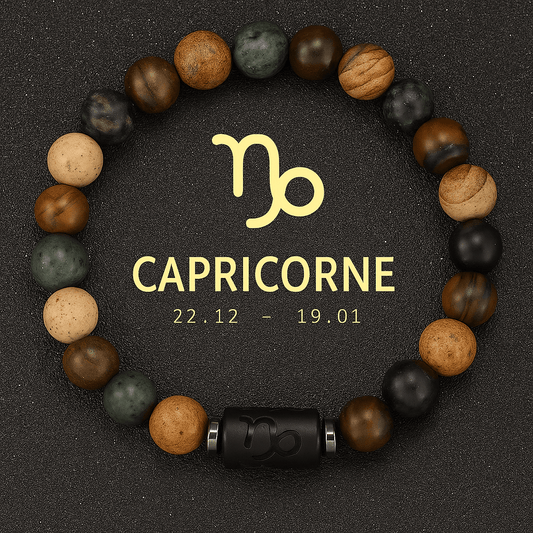 bracelet signe astrologique du Capricorne, signe du zodiaque capricorne doré avec figure astro en noir brillant