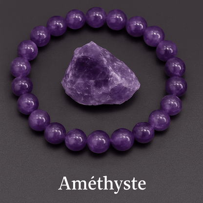 Bracelet en Améthyste perles violette, avec une pierre brute de améthyste au milieu- Bijoux en Pierre Naturelle