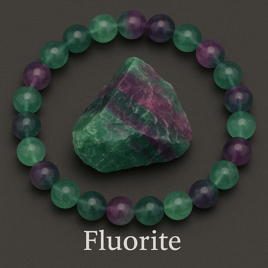 Bracelet en fluorite -perles vert violet translucide, avec une pierre brut de fluorite au milieu - Bijoux en Pierre Naturelle
