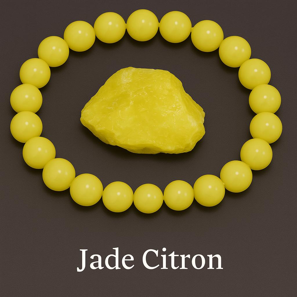 Bracelet en Jade citron -perles jaune clair, avec une pierre brute de jade citron au milieu- Bijoux en Pierre Naturelle