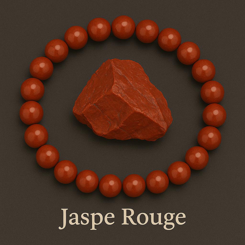 Bracelet Jaspe Rouge en pierre naturelle et pierre brut au milieu. bracelet posé sur un fond noir. Bijoux en pierre naturelle