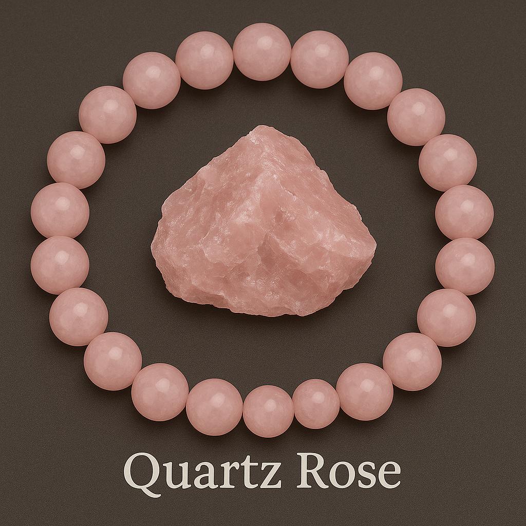 Bracelet quartz rose en pierre naturelle et pierre brut au milieu. bracelet posé sur un fond noir. Bijoux en pierre naturelle