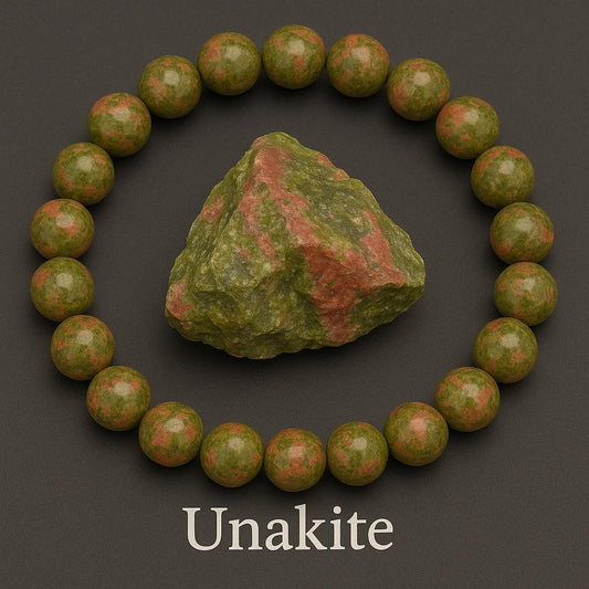 Bracelet en Unakite- perles verte et rougeâtre, avec une pierre brute de unakite au milieu- Bijoux en Pierre Naturelle