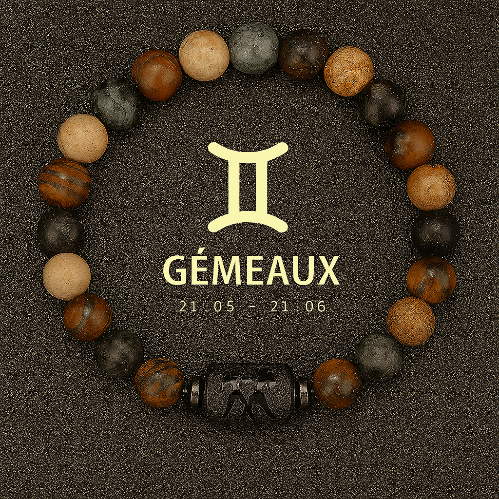 bracelet signe astrologique des Gémeaux, signe du zodiaque gémeaux doré avec figure astro en noir brillant