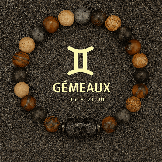 bracelet signe astrologique des Gémeaux, signe du zodiaque gémeaux doré avec figure astro en noir brillant