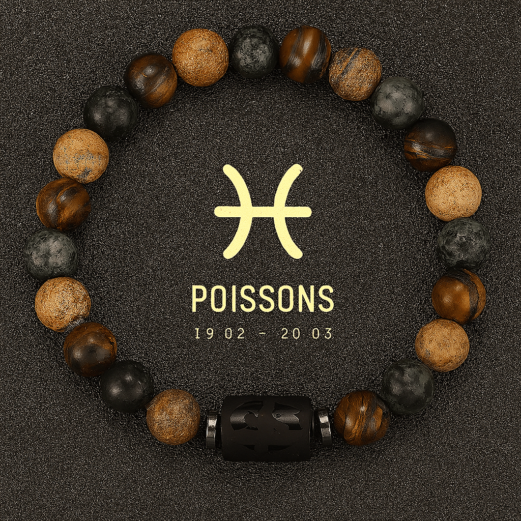 bracelet signe astrologique des Poissons, signe du zodiaque poissons doré avec figure astro en noir brillant