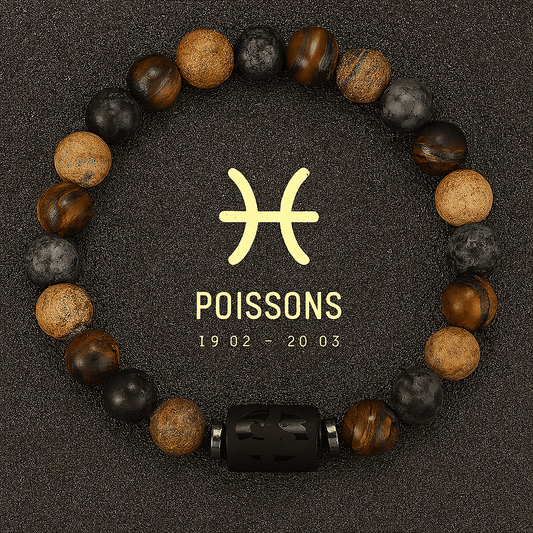 bracelet signe astrologique des Poissons, signe du zodiaque poissons doré avec figure astro en noir brillant