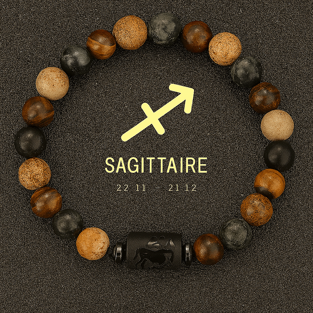 bracelet signe astrologique du Sagittaire, signe du zodiaque sagittaire doré avec figure astro en noir brillant