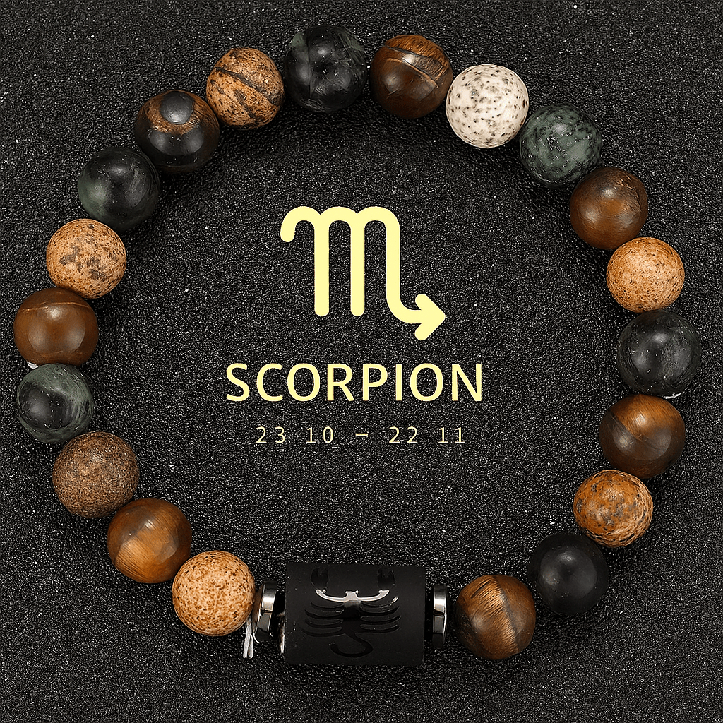 bracelet signe astrologique du scorpion, signe du zodiac scorpion dore avec figure astro en noir brillant