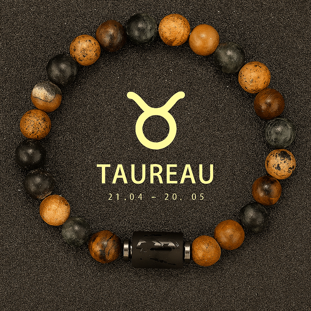 bracelet signe astrologique du Taureau, signe du zodiac Taureau dore avec figure astro en noir brillant